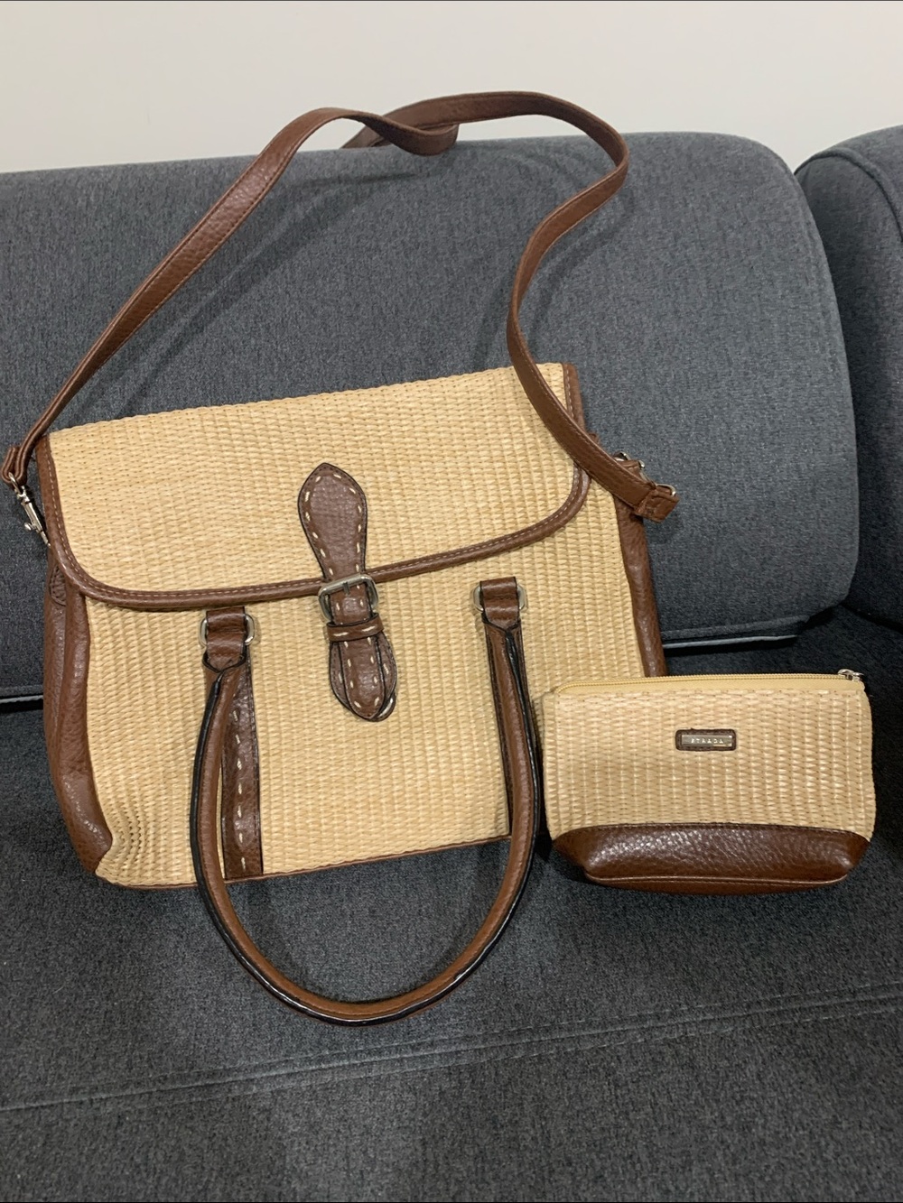 Strada Natural Straw Satchel with Brown Leather Trim